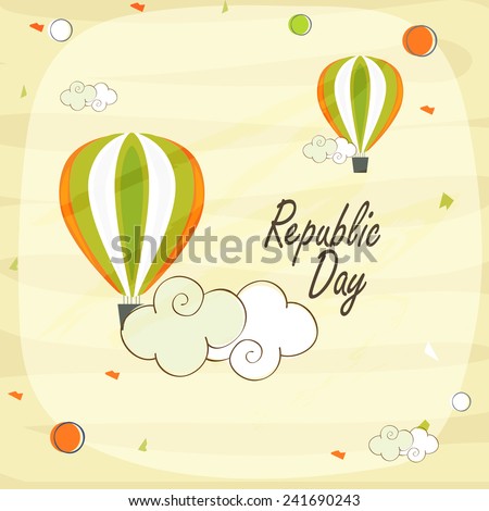 Indian Republic Day celebration with national tricolor hot air balloons flying on stylish background.