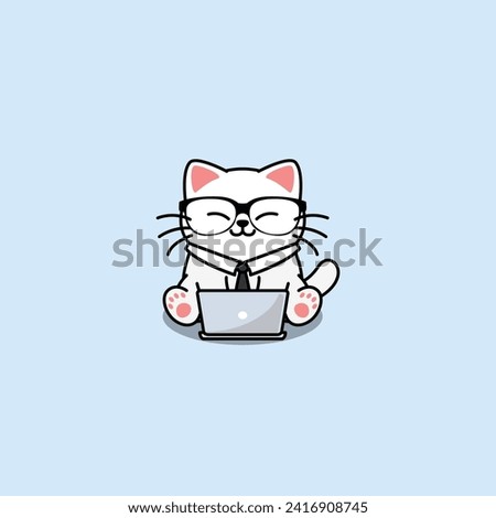 Cute white cat with tie and glasses working on a laptop cartoon, vector illustration