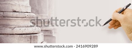 Base of the marble columns of a romanesque medieval Italian church - web banner design concept with hand writing