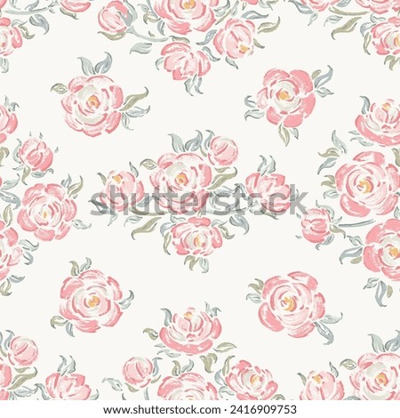 Vector Pink Roses Vintage Floral Background. Rose Flower Bouquets Seamless Pattern. Flowers and Leaves.  Shabby chic Wallpaper. Millefleurs Liberty Style Design. Royalty-Free Stock Photo #2416909753