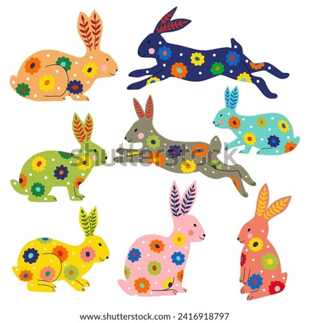 Set of colored folk art rabbits, vector flat illustration, isolated elements on white background.