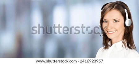 Call Center Service. Face portrait photo of customer support answer worker, sales agent. Caller, receptionist phone female operator at office workplace. Helpline telemarketing. Wide banner image.