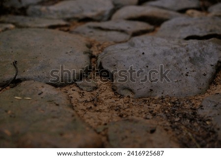 A picture of close up stones on wet road after raining with dirty soil around them
