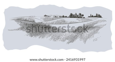 Green grass field on small hills. Meadow, alkali, lye, grassland, pommel, lea, pasturage, farm. Rural scenery landscape panorama of countryside pastures. Vector sketch illustration Royalty-Free Stock Photo #2416931997