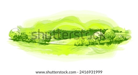 Green grass field on small hills. Meadow, alkali, lye, grassland, pommel, lea, pasturage, farm. Rural scenery landscape panorama of countryside pastures. Vector sketch illustration Royalty-Free Stock Photo #2416931999