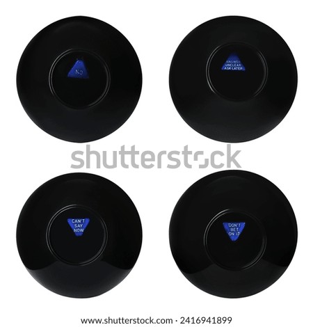 Magic eight ball with different predictions isolated on white, collection