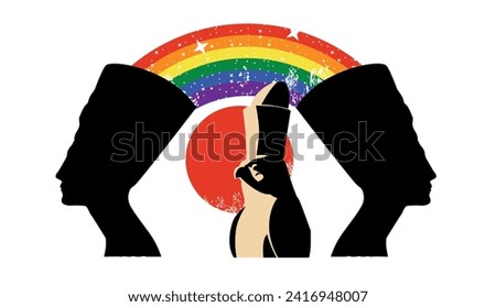 T-shirt design of two silhouettes of the pharaoh Nefertiti united by a rainbow. Gay pride and ancient history. Royalty-Free Stock Photo #2416948007