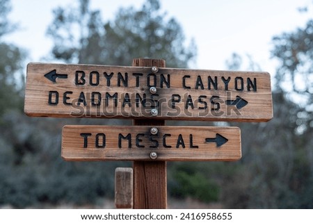Hiking directional signs for Deadmans Pass, Boynton Canyon and Mescal in Sedona Arizona Royalty-Free Stock Photo #2416958655