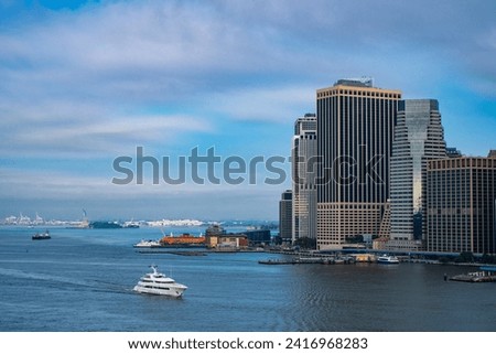 City architectural cityscape with harbor. New York city harbor. Cityscape in metropolis city. City downtown skyline. Horizon with architecture. Cityscape skyline building architecture. Luxury yacht