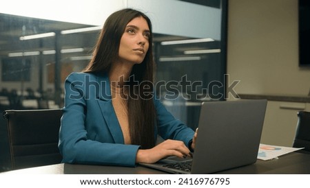 Indian serious girl worker manager designer employer female entrepreneur Arabian businesswoman in office typing laptop pensive thinking business woman think ponder solution work with computer online Royalty-Free Stock Photo #2416976795