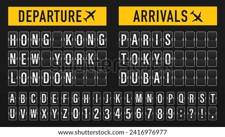 Airport flip board panel with flight info and alphabet. Equipment board message departures and arrivals flight. Flipping departure countdown. Schedule arriving for travel. Vector illustration Royalty-Free Stock Photo #2416976977