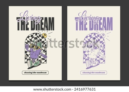 retro 70s posters or graphic t shirt templates with grapes cartoon characters, vector illustration