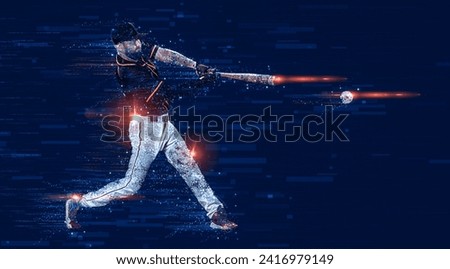 Baseball player with bat taking a swing on grand arena. Ballplayer on dark background in action.