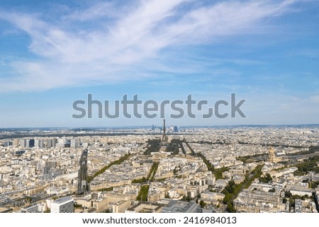 Aerial panoramic view of the city of Paris. Tour Eiffel, Champ de Mars, École Militaire, France