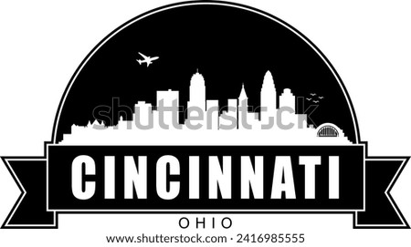 Black and white Cincinnati Ohio buildings skyline negative air space silhouette dome shaped emblem with scroll banner below and name text inside. Vector eps graphic design.