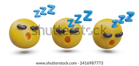 Set of realistic sleeping emoticons. Yellow head closed its eyes and snored. Comic character yawns. Time to sleep. Boring, uninteresting. Modern icons Royalty-Free Stock Photo #2416987773