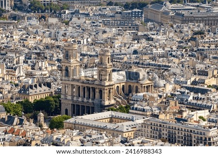 Aerial panoramic view of the city of Paris. Église Saint-Sulpice, France