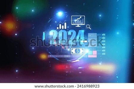2024 Financial Forecasting with Futuristic Interface : A dynamic financial chart for the year 2024 displayed within a futuristic interface, suggesting trends and market analytics. Royalty-Free Stock Photo #2416988923
