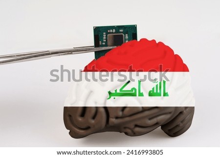 On a white background, a model of the brain with a picture of a flag - Iraq, a microcircuit, a processor, is implanted into it. Close-up
