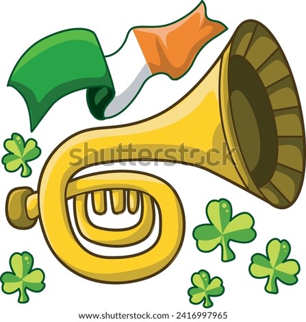 Celebration of St. Patrick's Day in Ireland, at 17 March. Luck the Irish. Color icon set for St. Patrick's Day. Ireland vector icon. Saint Patrick's Day green icon clip art. Flag, trumpet and shamrock