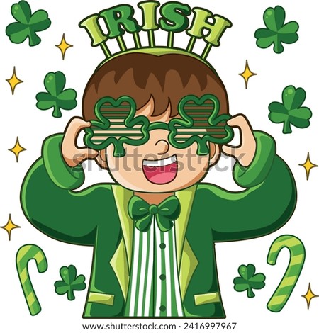 Celebration of St. Patrick's Day in Ireland, at 17 March. Luck the Irish. Color icon set for St. Patrick's Day. Ireland vector icon. Saint Patrick's Day green icon clip art. A boy with green glasses.
