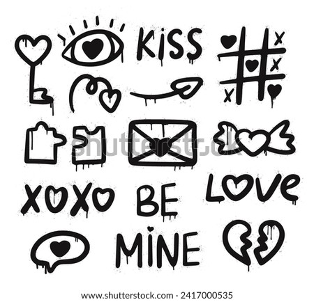 Set graffiti clip art. Urban street style. Valentine day elements. Y2k love set. Collection of heart, puzzle, eye, speech bubble, mail, tic tac toe. Splash effects and drops. Grunge and spray texture.