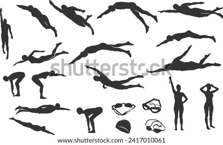 Swimming silhouettes, Swimmer silhouette, Woman swimming silhouette, Backstroke swimmer silhouette,  Swimming goggles silhouette, Swimmer icon bundle
 Royalty-Free Stock Photo #2417010061
