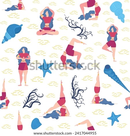 Seamless pattern Plus size curvy girls doing yoga class. Online home workout concept. Body positive. Attractive American woman.