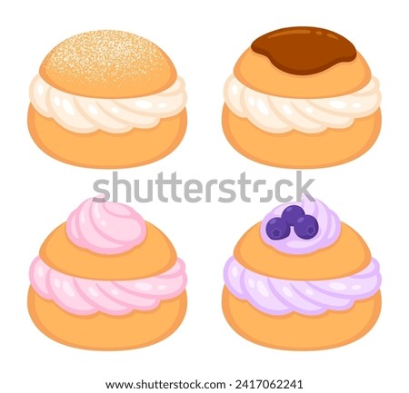 Choux pastry with whipped cream filling, sweet buns set. Cartoon vector clip art illustration.