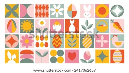 Abstract geometric Happy Easter background. Icon with holiday symbols. Stylized bunny, egg, ear, flowers chicken. Trendy contemporary design for banner, card, poster, packaging, advertising, cover. Royalty-Free Stock Photo #2417062659