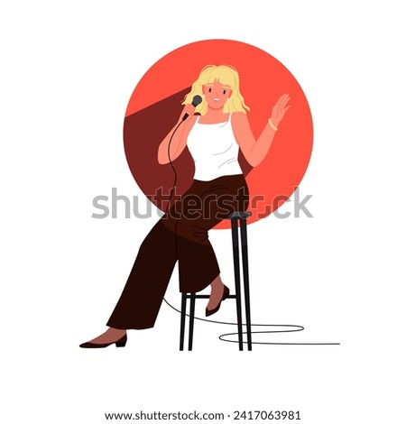 Comedy standup show, girl with microphone jokes on theater stage in spotlight red circle. Young woman sitting on chair and waving hand at open mic, telling humor story cartoon vector illustration