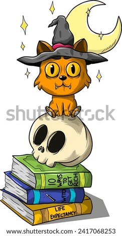 Cat in witch hat sitting on a stack of books and holding a skull, helloween collection