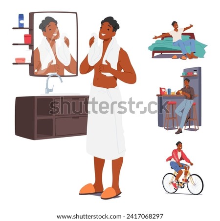 Male Character Daily Routine and Rituals. Young Black Man Washing in Bathroom, Wake Up, Eating Breakfast and Riding Bicycle Isolated on White Background. Cartoon People Vector Illustration