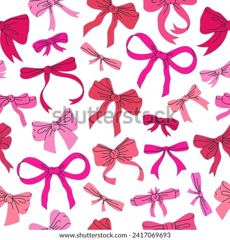 Bows seamless pattern. Birthday gifts red ribbon decoration print, hand drawn silk bow-knot for holidays present boxes flat vector background illustration. Cartoon bows pattern