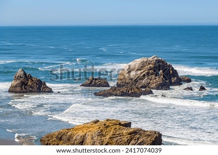 View of Seal Rocks from Point Lobos, San Francisco, CA, United States. San Francisco Bay California Royalty-Free Stock Photo #2417074039