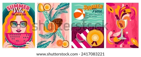 Set of Summer vibe posters. Sunny postcards with girl eating watermelon, refreshing cocktail, sea beach and exotic fruits. Cover design. Cartoon flat vector illustrations isolated on white background Royalty-Free Stock Photo #2417083221