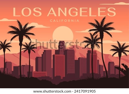 Travel destination poster. Postcard with landscape of American city of Los Angeles in California. Cityscape with skyscrapers, palm trees and sun. Tourism and vacation. Cartoon flat vector illustration