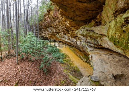 Hazard Cave trail rocks formation at Big South Fork National River and Recreation area in fall