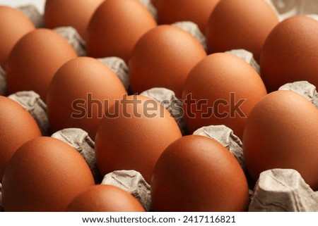 Brown eggs in carton box. Chicken eggs background close-up. Fresh eggs for sale at a market. 