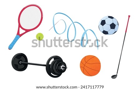 Sport equipment. Vector icons set of sport inventory with balls for basketball, football game and tennis, golf club, ribbon, racket, dumbbell. Fitness gym tools. Team game. Illustration in flat style