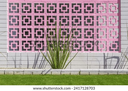 Retro breeze block wall with cactus plant in Palm Springs, California Royalty-Free Stock Photo #2417128703