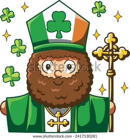 Celebration of St. Patrick's Day in Ireland, at 17 March. Luck the Irish. Color icon set for St. Patrick's Day. Ireland vector icon. Saint Patrick's Day green icon clip art. Pastor with gold stick.
