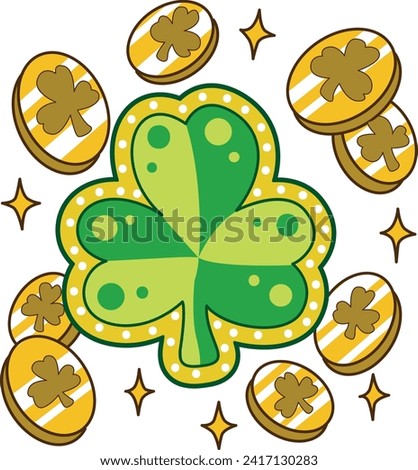Celebration of St. Patrick's Day in Ireland, at 17 March. Luck the Irish. Color icon set for St. Patrick's Day. Ireland vector icon. Saint Patrick's Day green icon clip art. Shamrocks with coins.