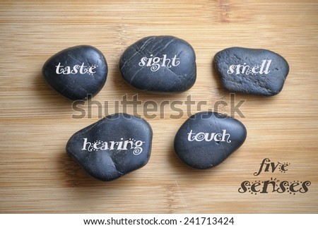 Five senses written on the rock, wooden background Royalty-Free Stock Photo #241713424