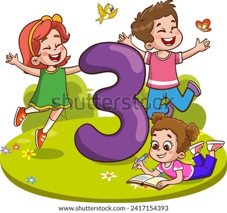 Cartoon Illustration of Kids with Number 3 or Number 3 for Children Education