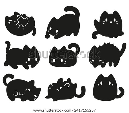 Black cat funny poses, playful kitty, adorable pet vector cartoon illustration