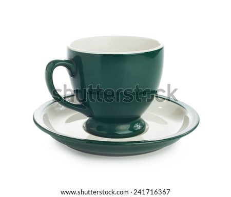 Green cup and saucer isolated on white background