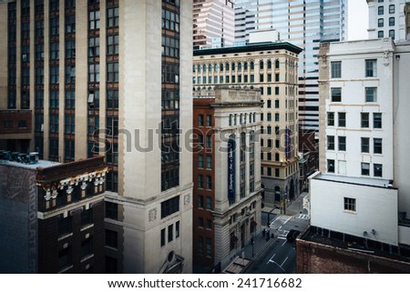 View of buildings on Calvert Street from a parking garage in Baltimore, Maryland.