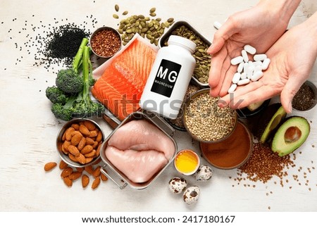 Foods containing natural magnesium (Mg). Healthy food concept. Top view