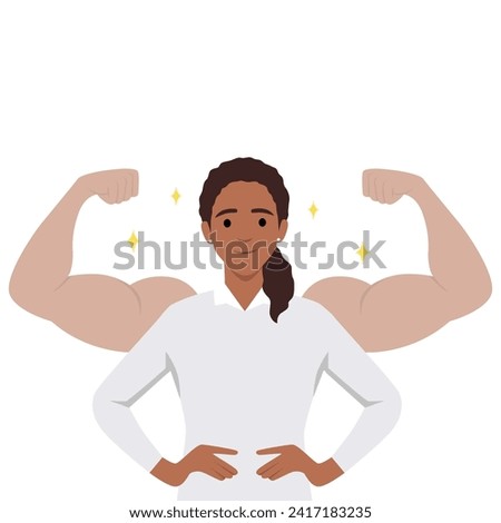 Young woman power, female self confidence, high esteem concept. Brave confident smiling woman standing showing biceps shadows. Flat vector illustration isolated on white background Royalty-Free Stock Photo #2417183235